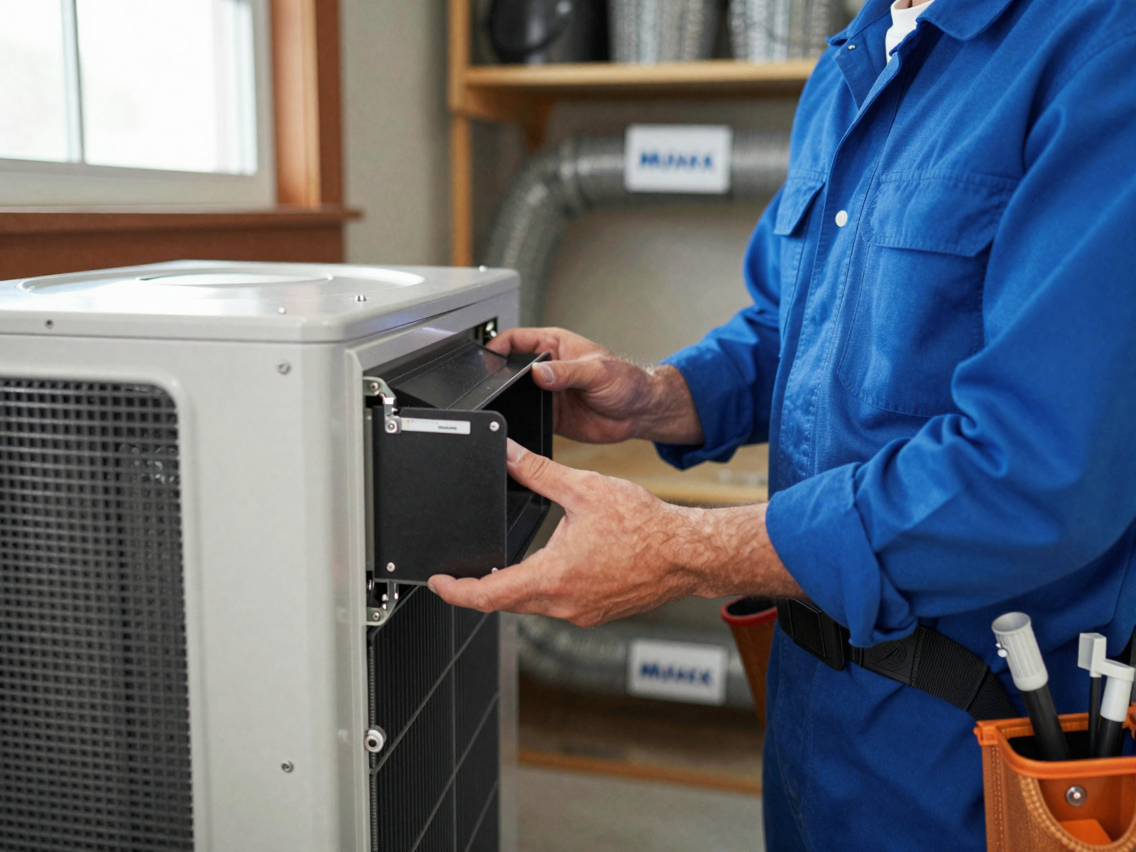 HVAC technician performing system inspection and maintenance